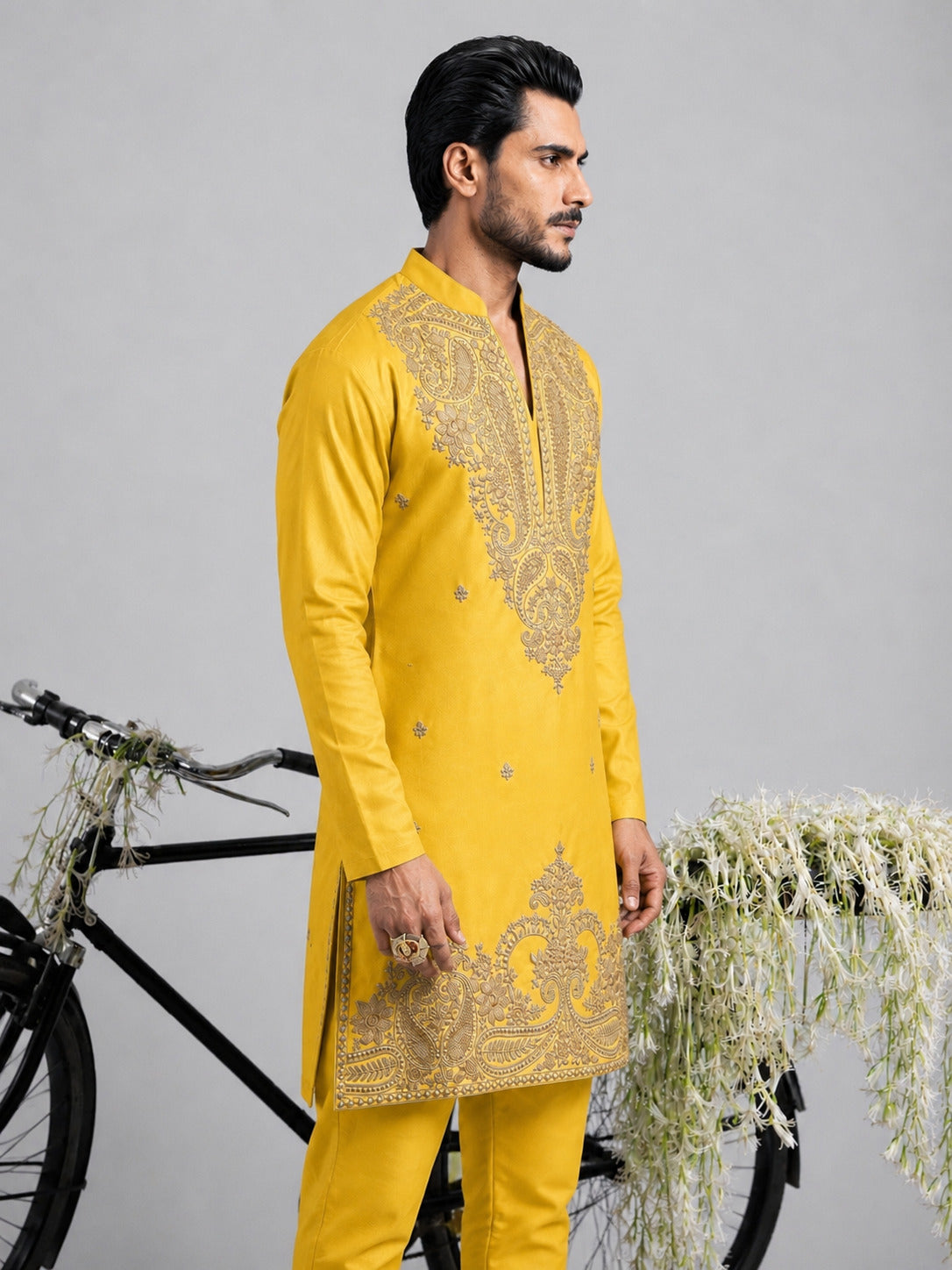 Mustard Paisley Embroidered V-Neck Short Kurta