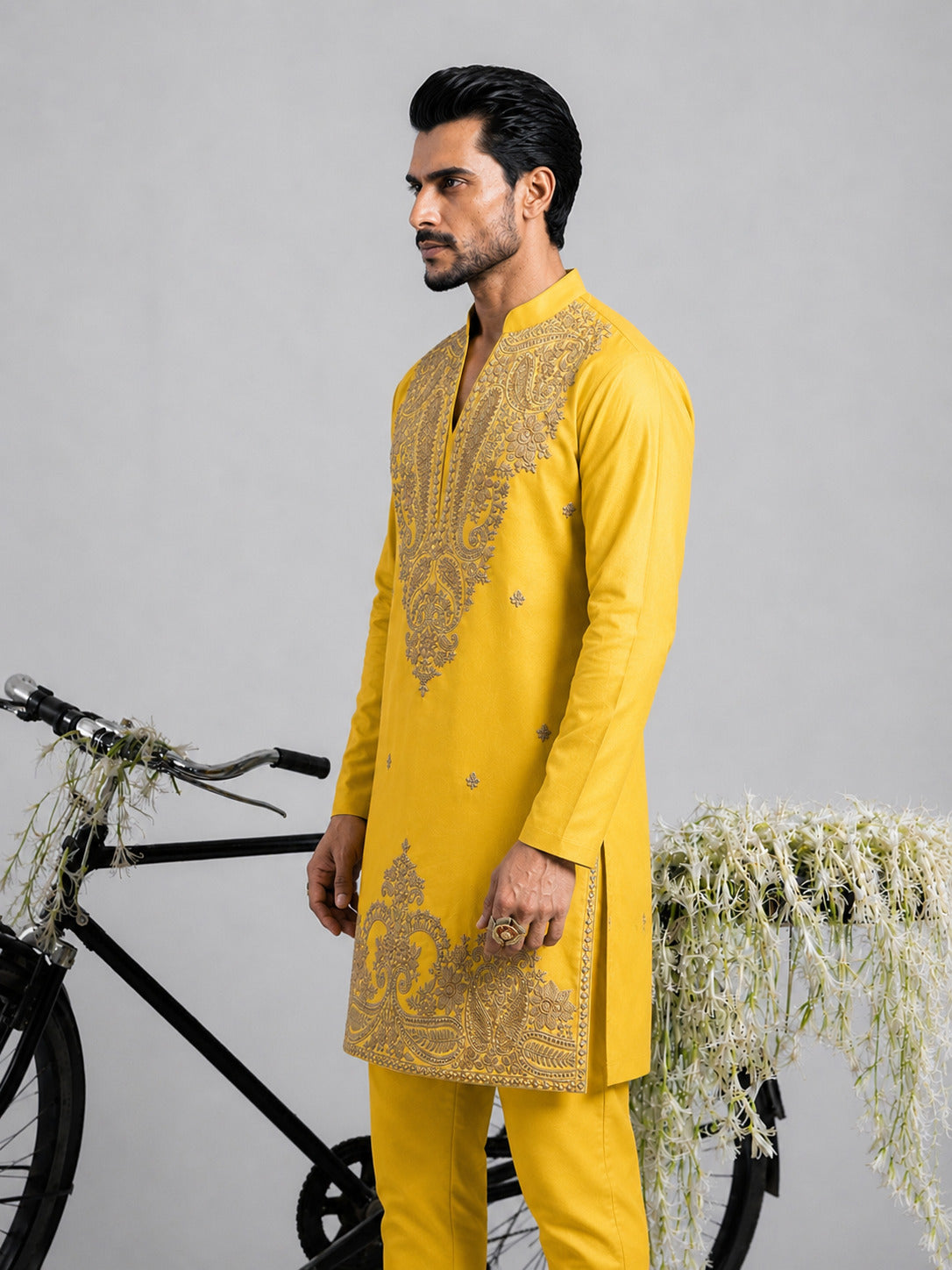 Mustard Paisley Embroidered V-Neck Short Kurta