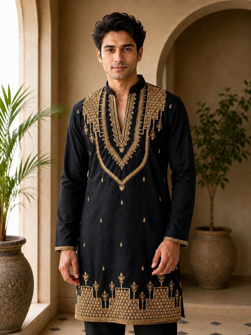 Black Heritage Embroidered V-Neck Short Kurta