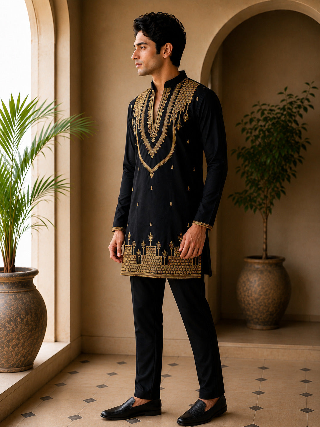 Black Heritage Embroidered V-Neck Short Kurta