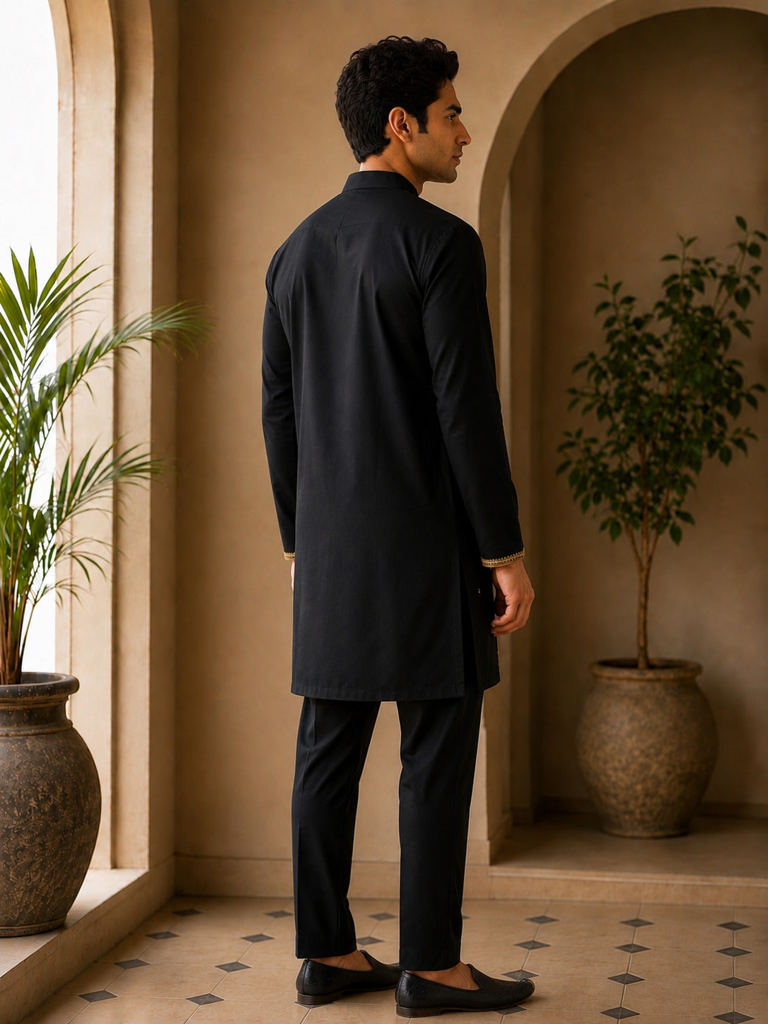 Black Heritage Embroidered V-Neck Short Kurta