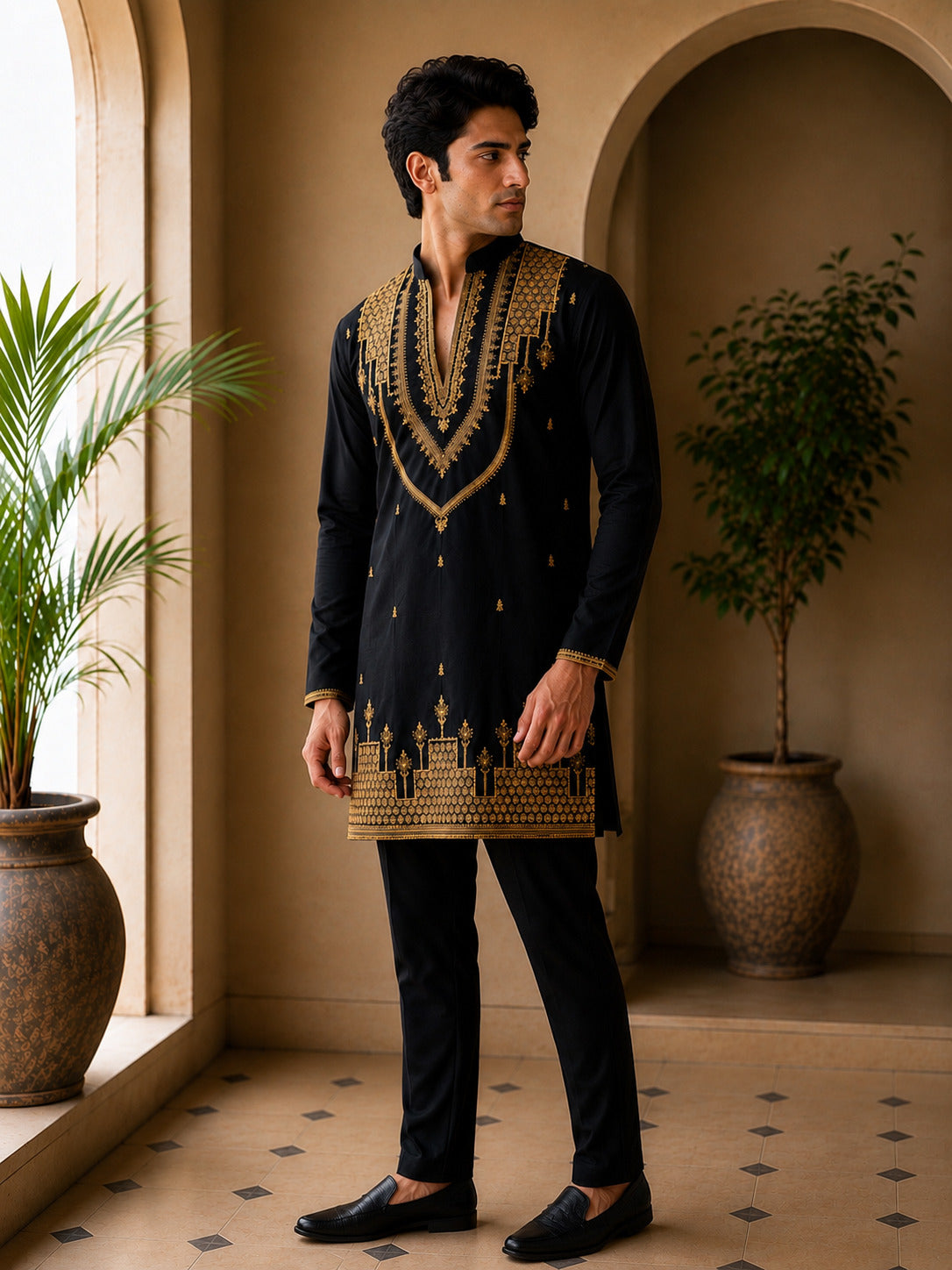 Black Heritage Embroidered V-Neck Short Kurta