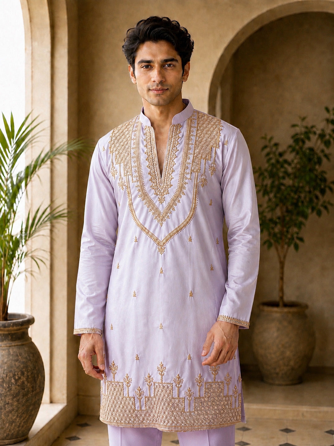 Lavender Heritage Embroidered V-Neck Short Kurta