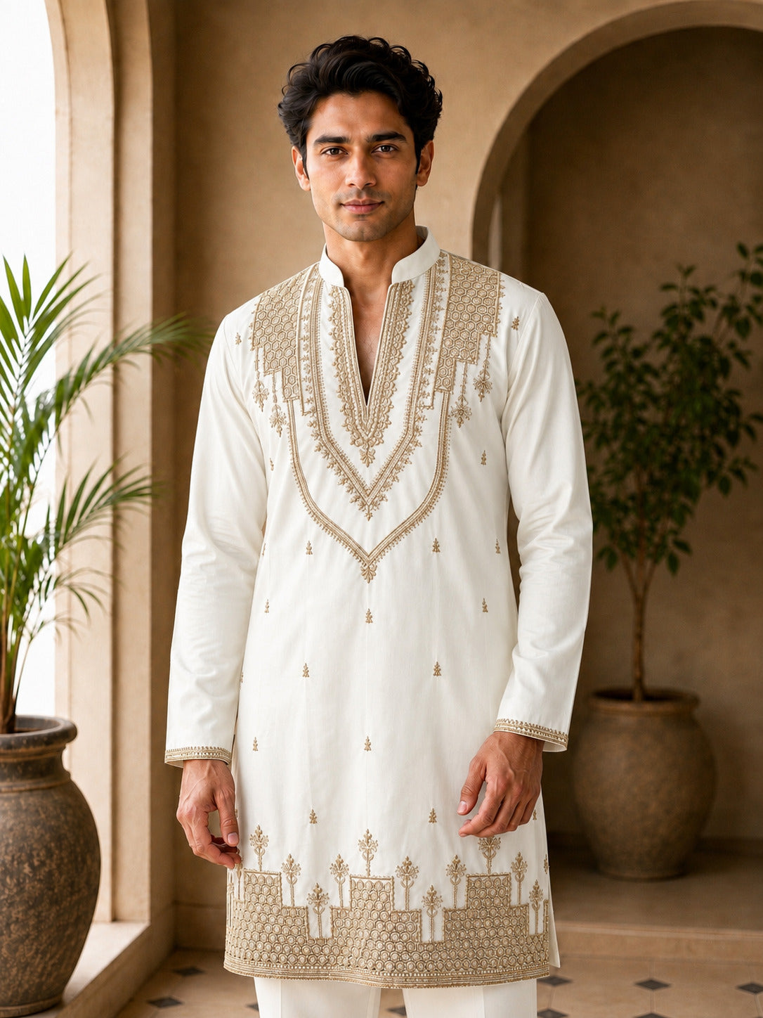 Off White Heritage Embroidered V-Neck Short Kurta