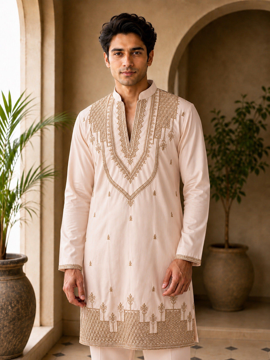 Peach Heritage Embroidered V-Neck Short Kurta