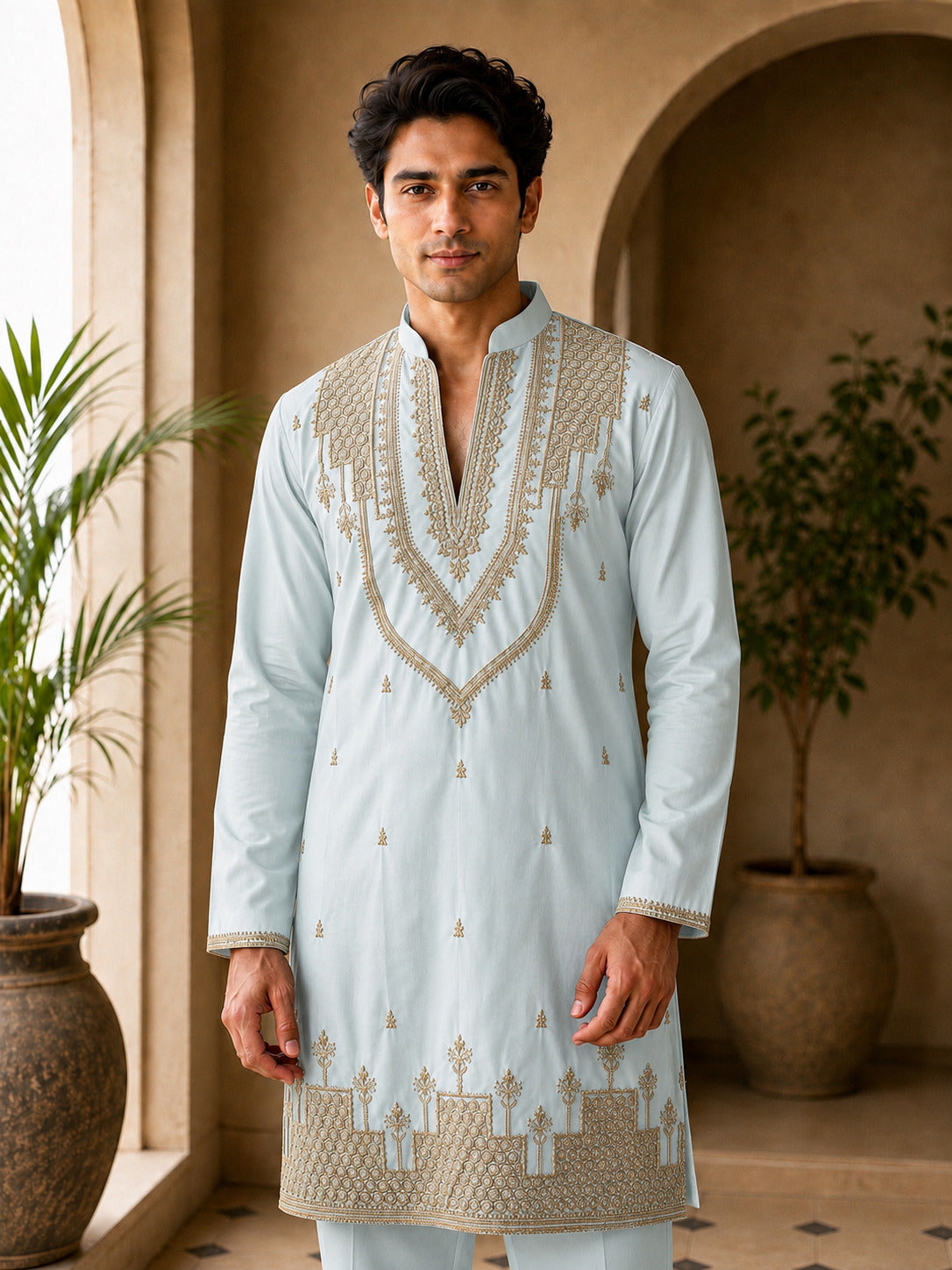 Sky Heritage Embroidered V-Neck Short Kurta
