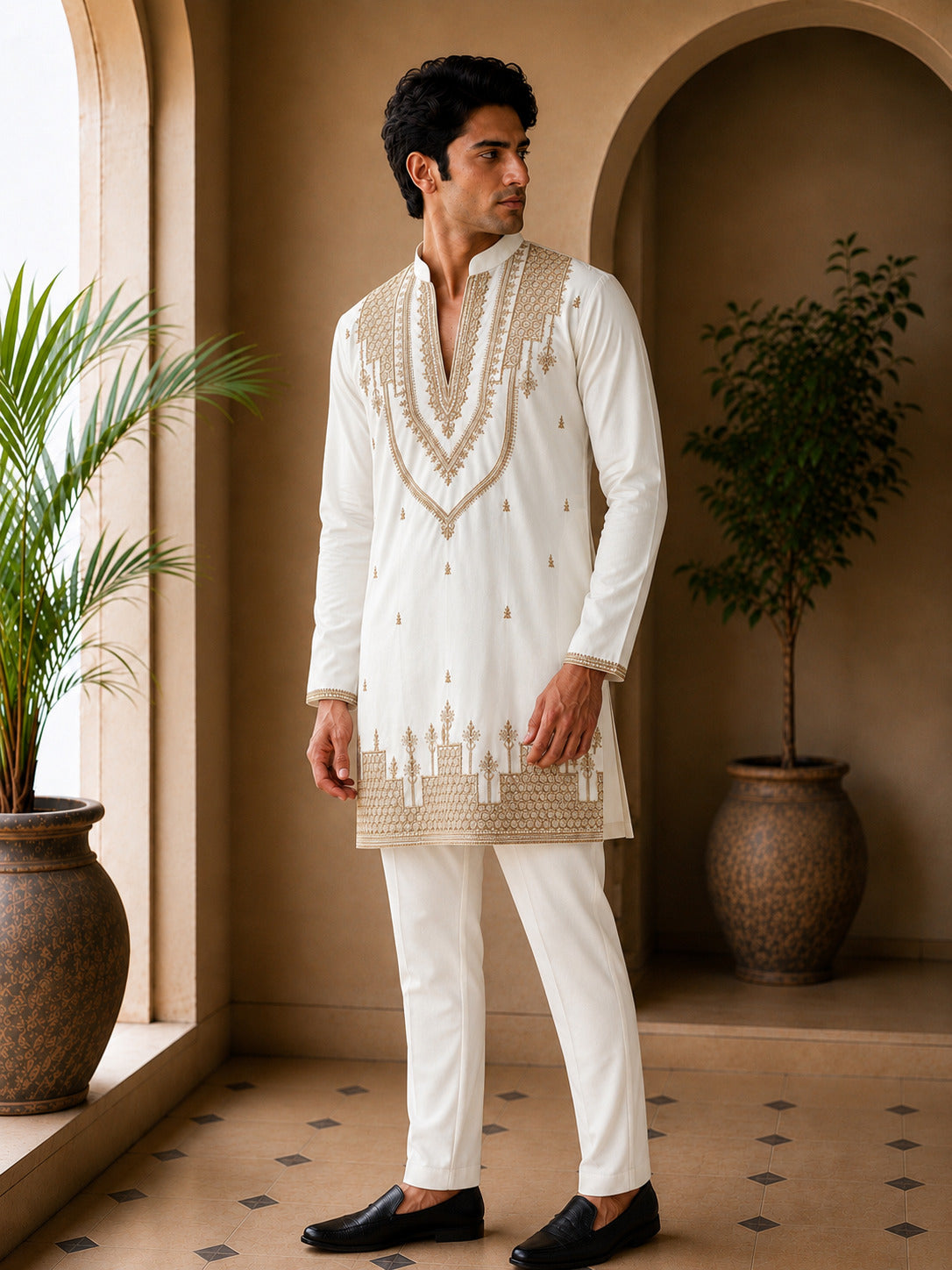 Off White Heritage Embroidered V-Neck Short Kurta