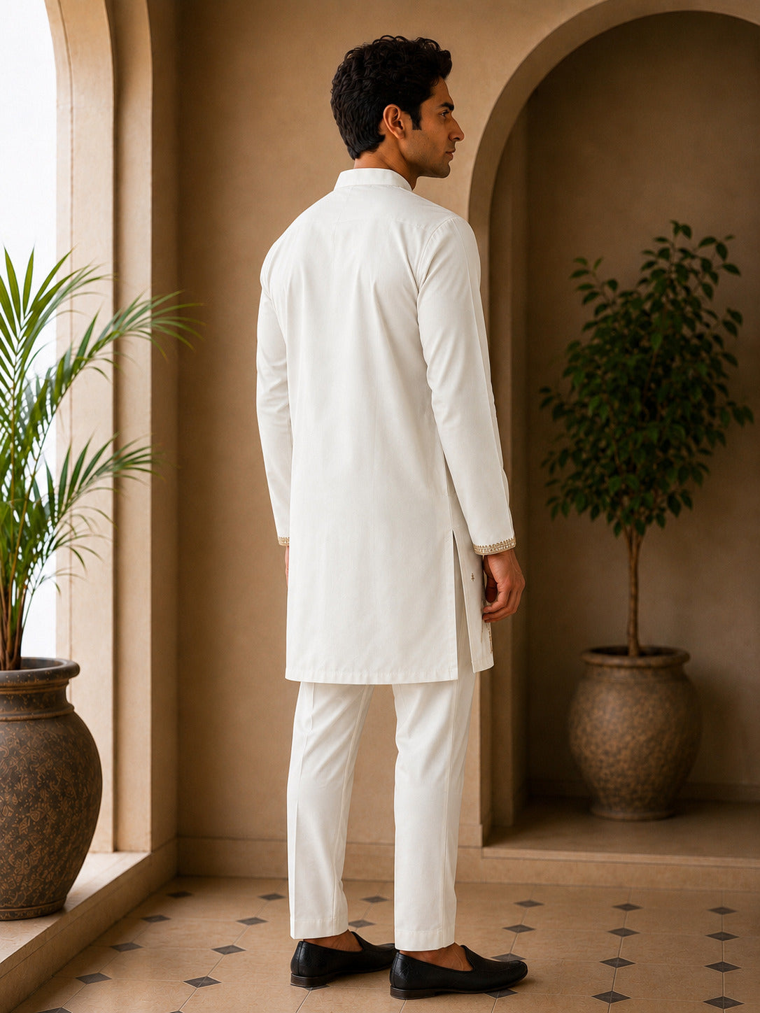 Off White Heritage Embroidered V-Neck Short Kurta