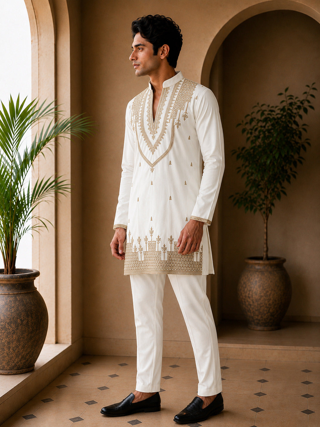 Off White Heritage Embroidered V-Neck Short Kurta