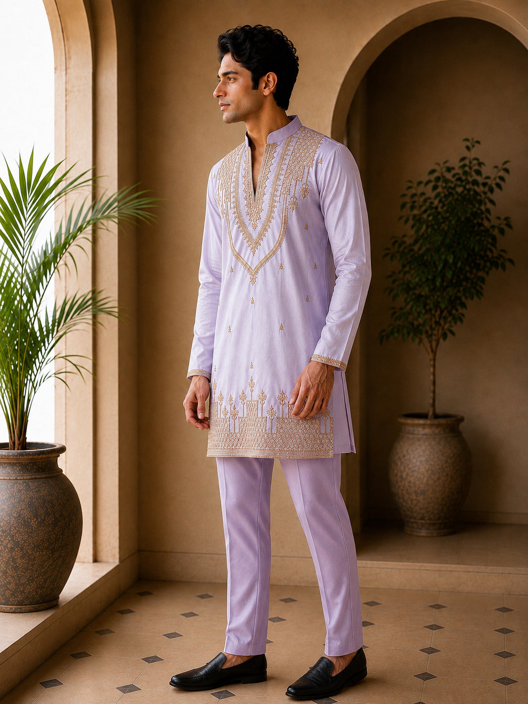 Lavender Heritage Embroidered V-Neck Short Kurta