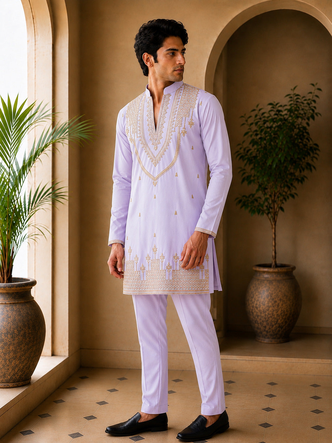 Lavender Heritage Embroidered V-Neck Short Kurta