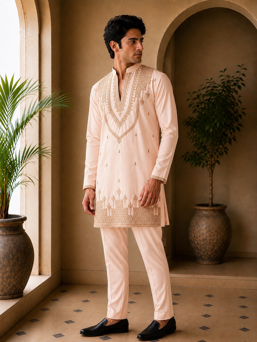 Peach Heritage Embroidered V-Neck Short Kurta
