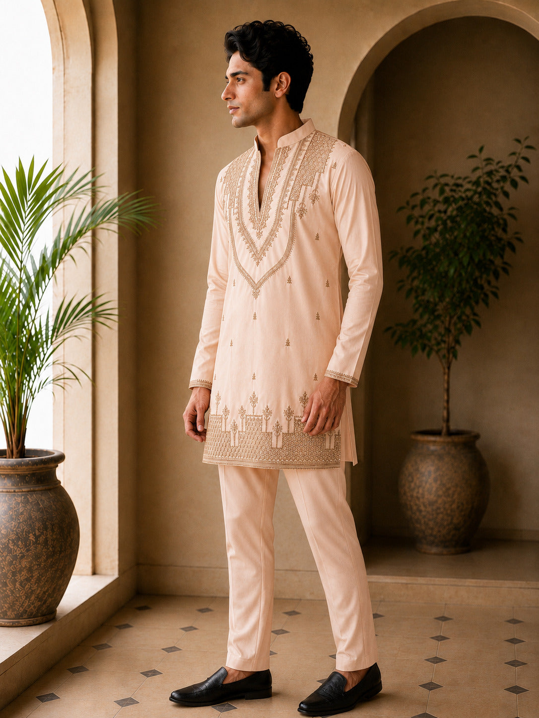 Peach Heritage Embroidered V-Neck Short Kurta