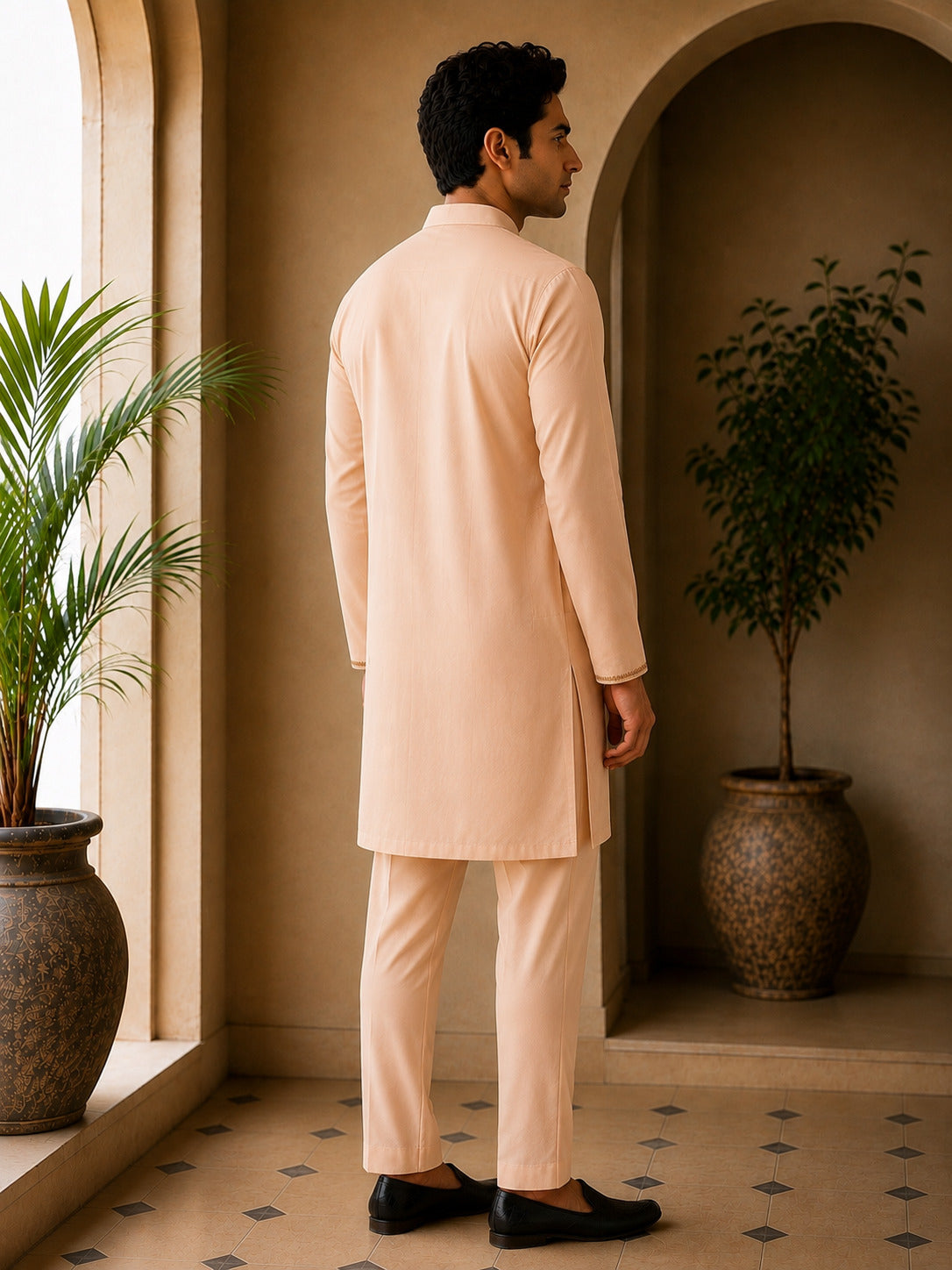 Peach Heritage Embroidered V-Neck Short Kurta