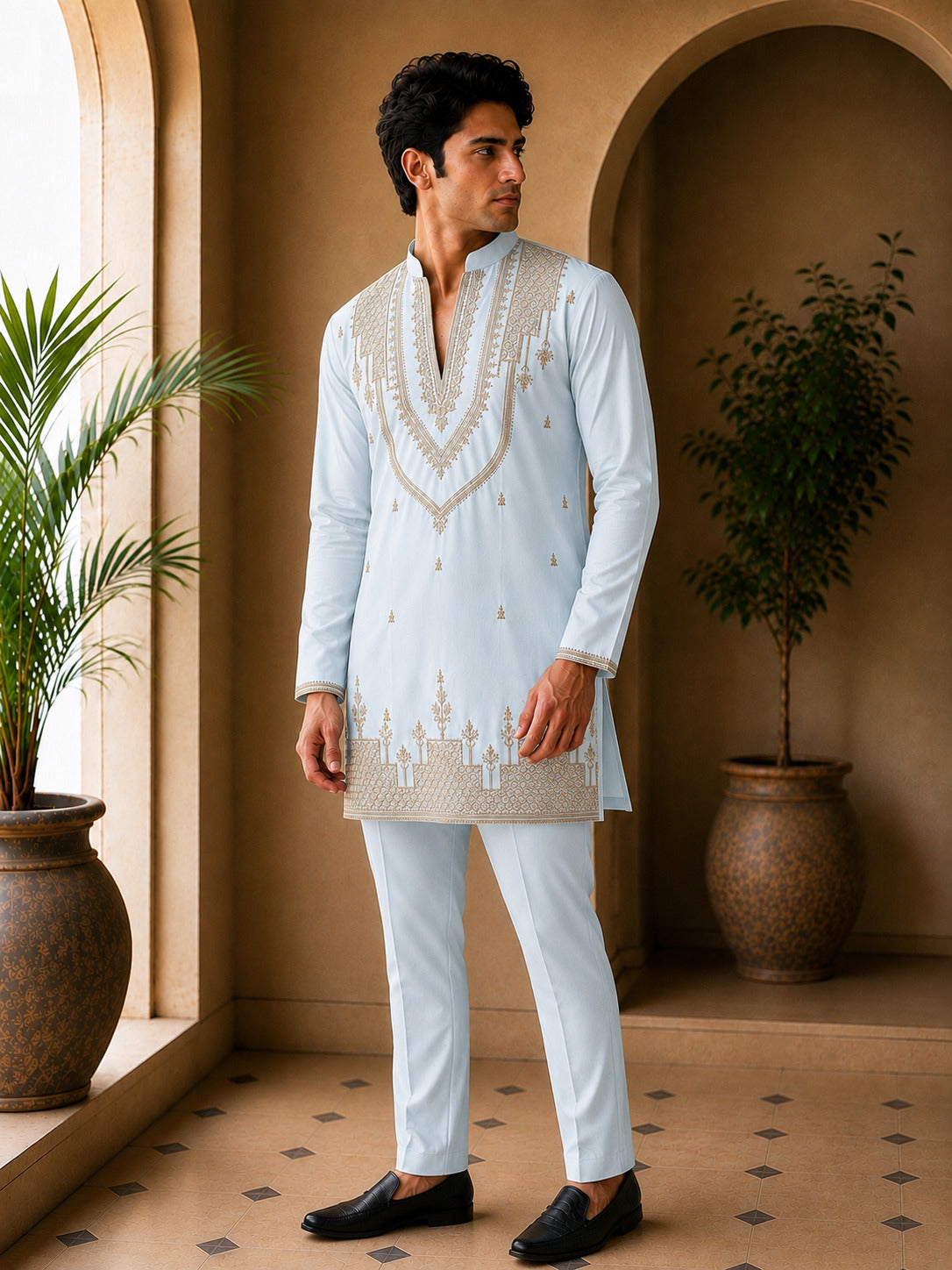 Sky Heritage Embroidered V-Neck Short Kurta