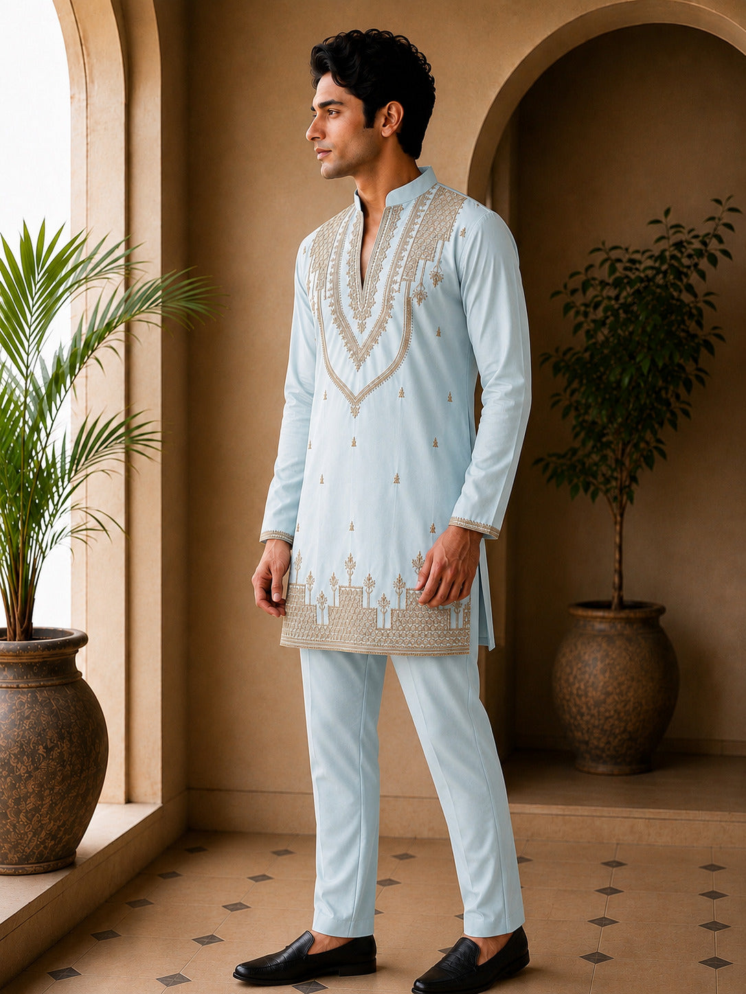 Sky Heritage Embroidered V-Neck Short Kurta
