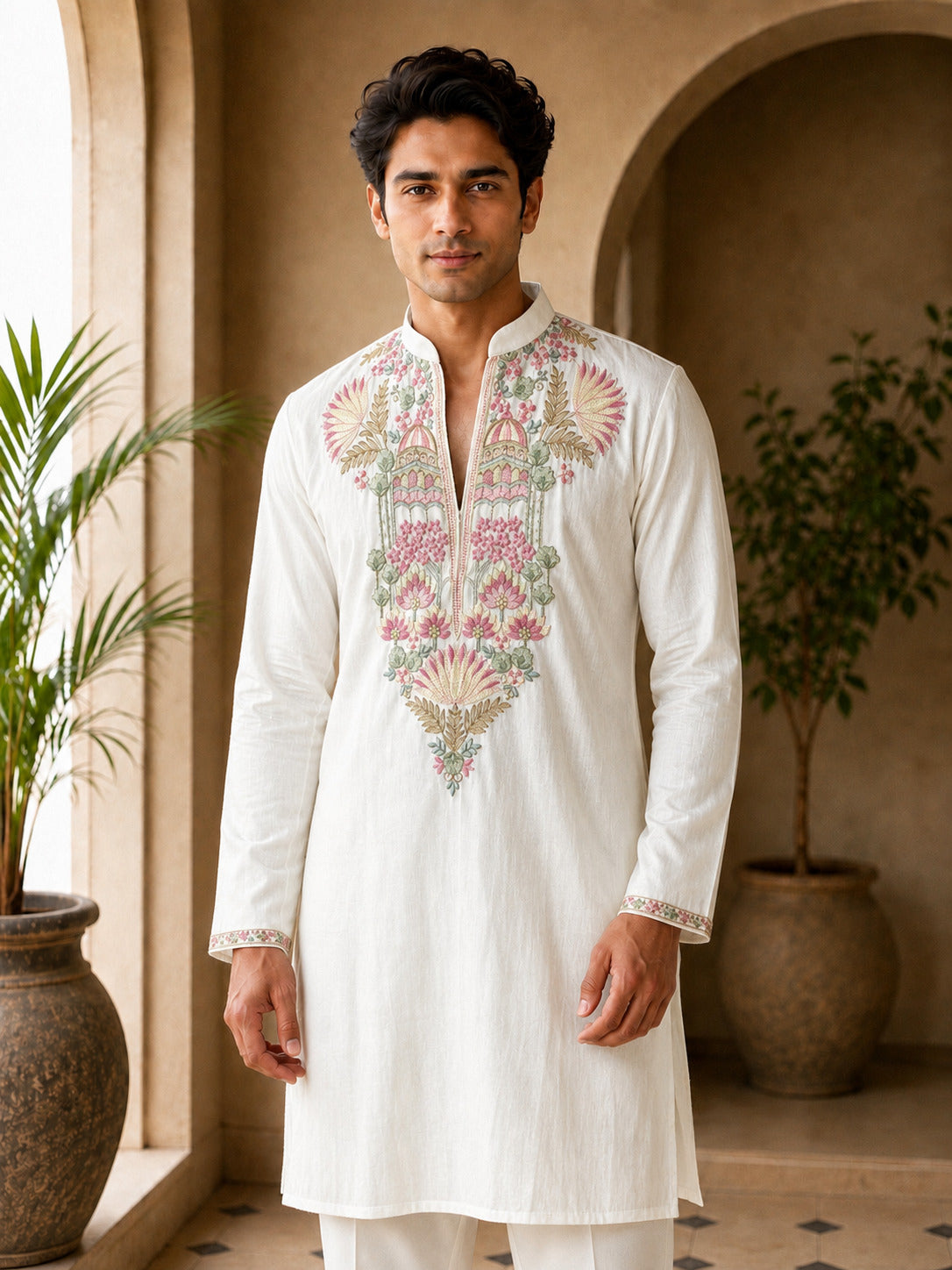 Off White Floral V-Neck Short Kurta