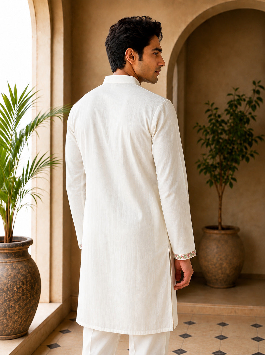Off White Floral V-Neck Short Kurta