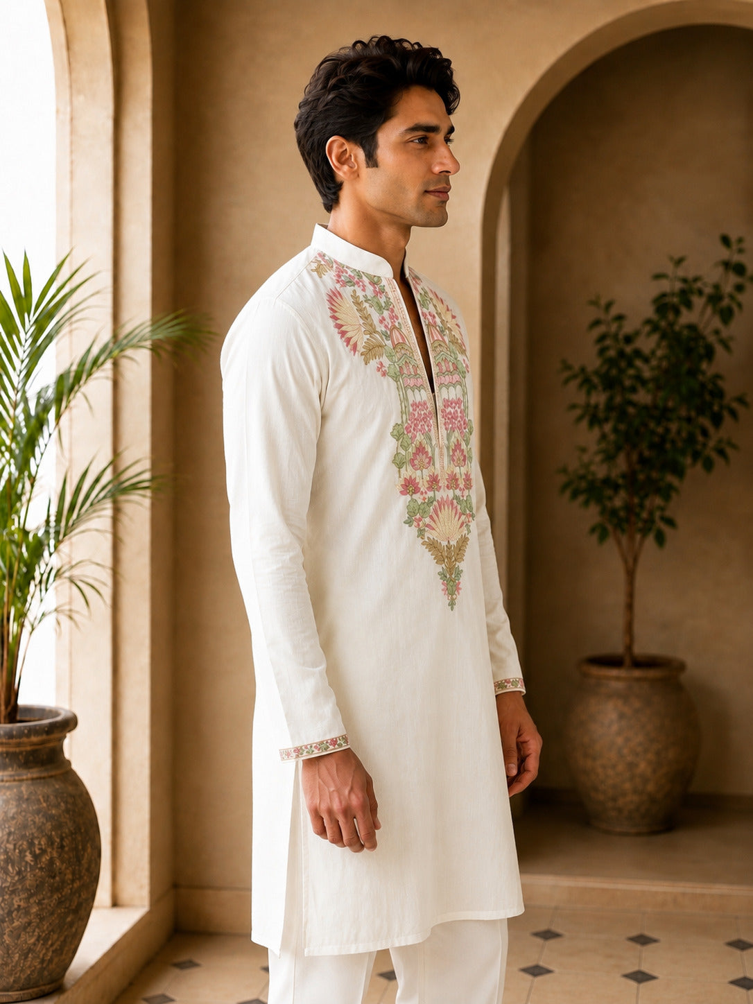Off White Floral V-Neck Short Kurta