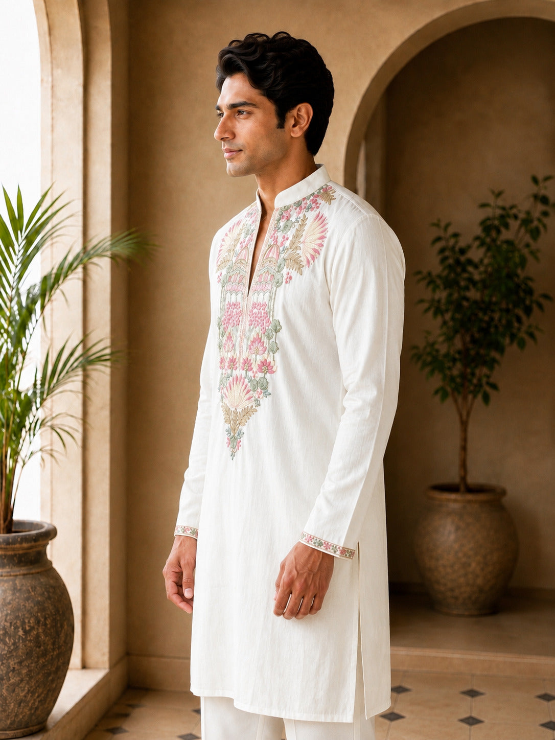 Off White Floral V-Neck Short Kurta