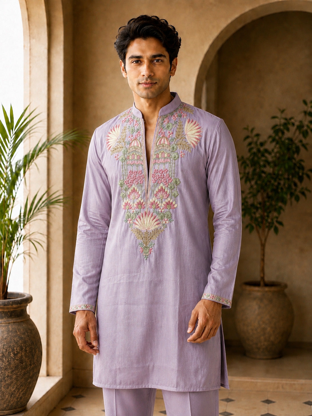 Lavender Floral V-Neck Short Kurta