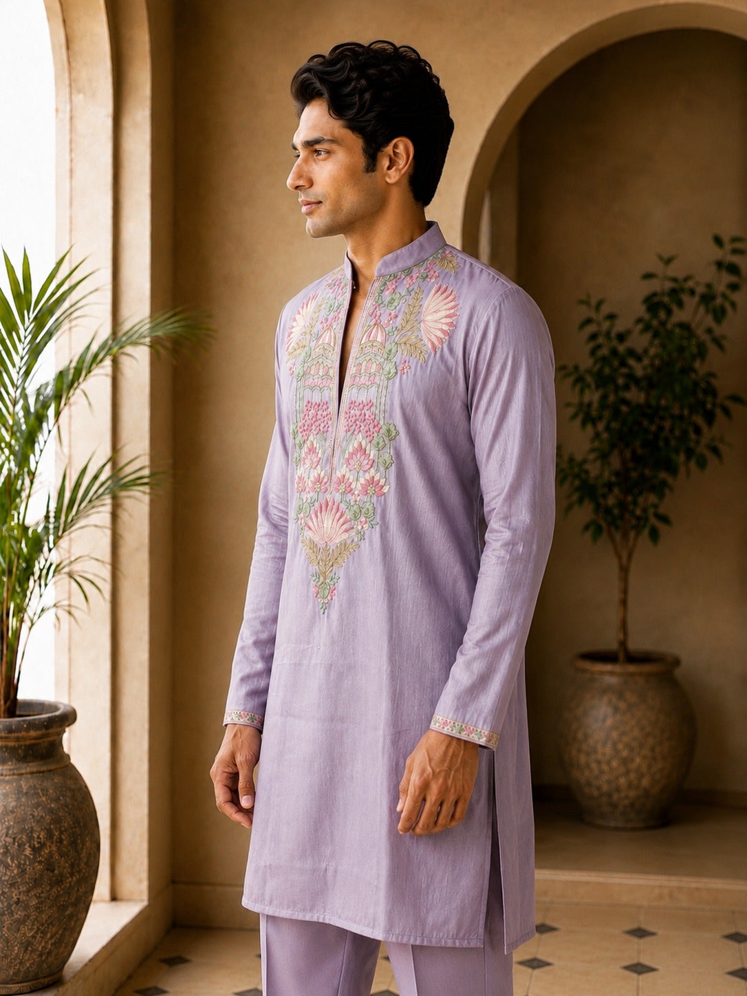Lavender Floral V-Neck Short Kurta