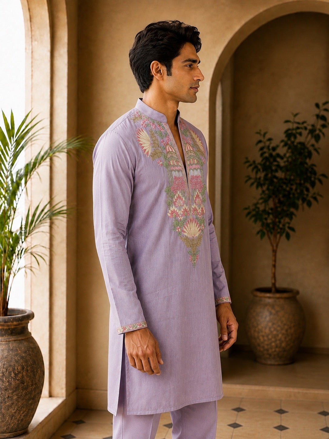 Lavender Floral V-Neck Short Kurta