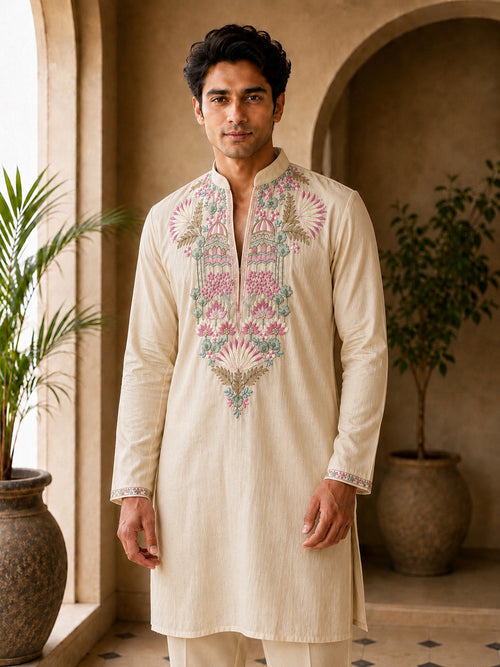 Beige Floral V-Neck Short Kurta