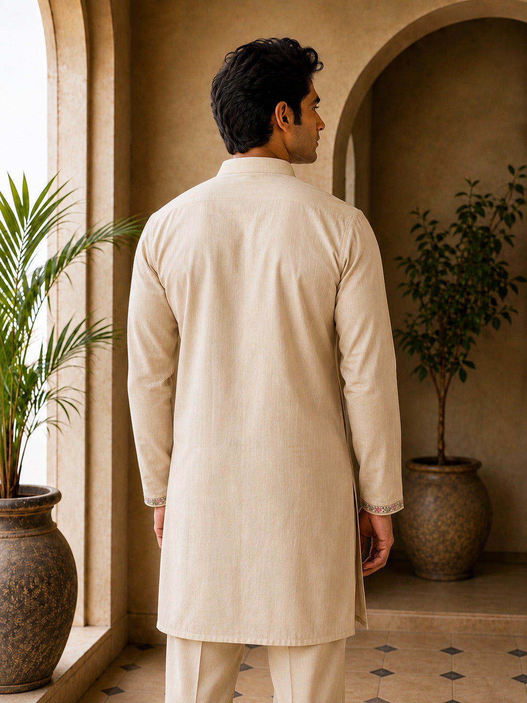 Beige Floral V-Neck Short Kurta