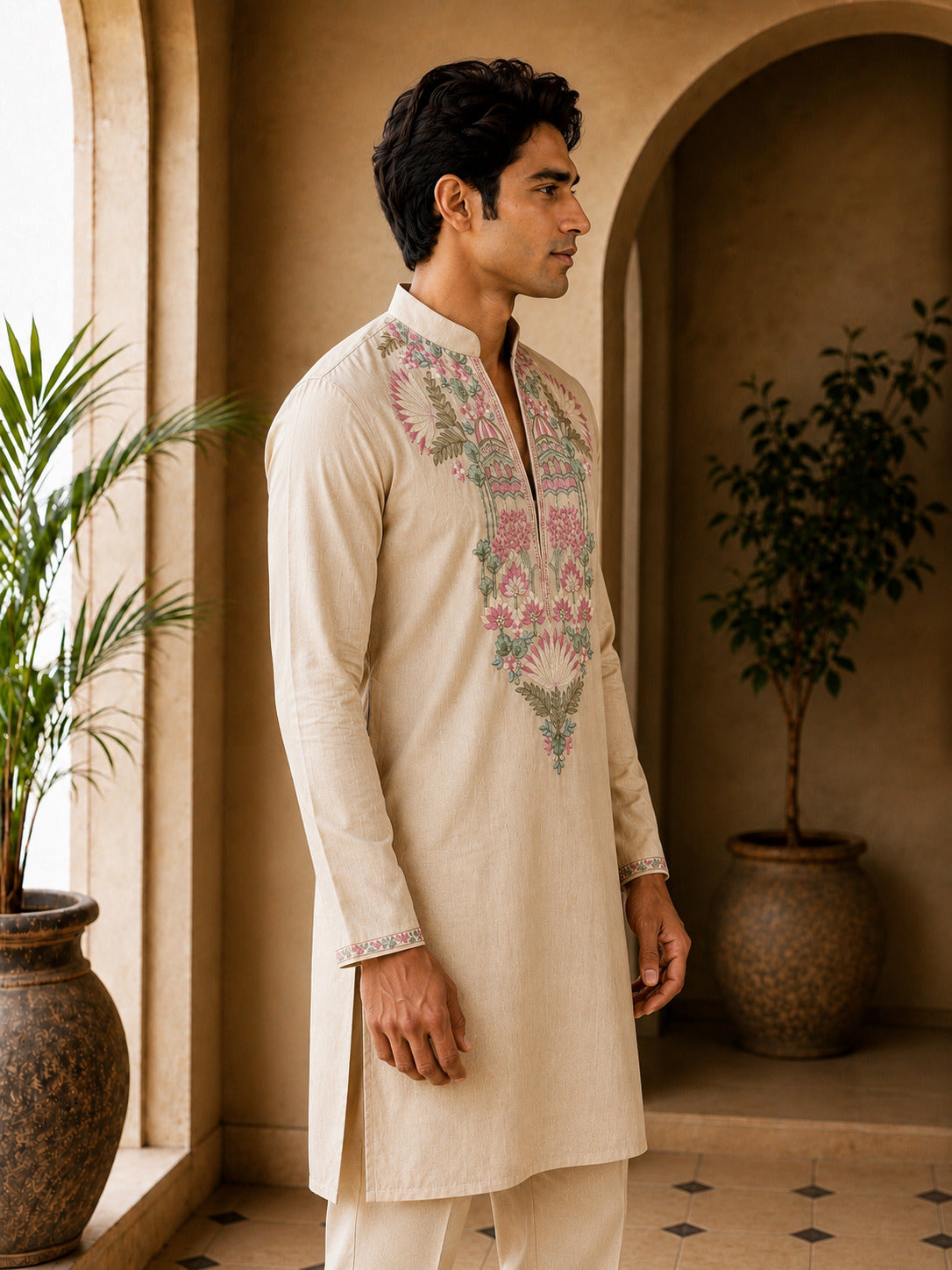 Beige Floral V-Neck Short Kurta