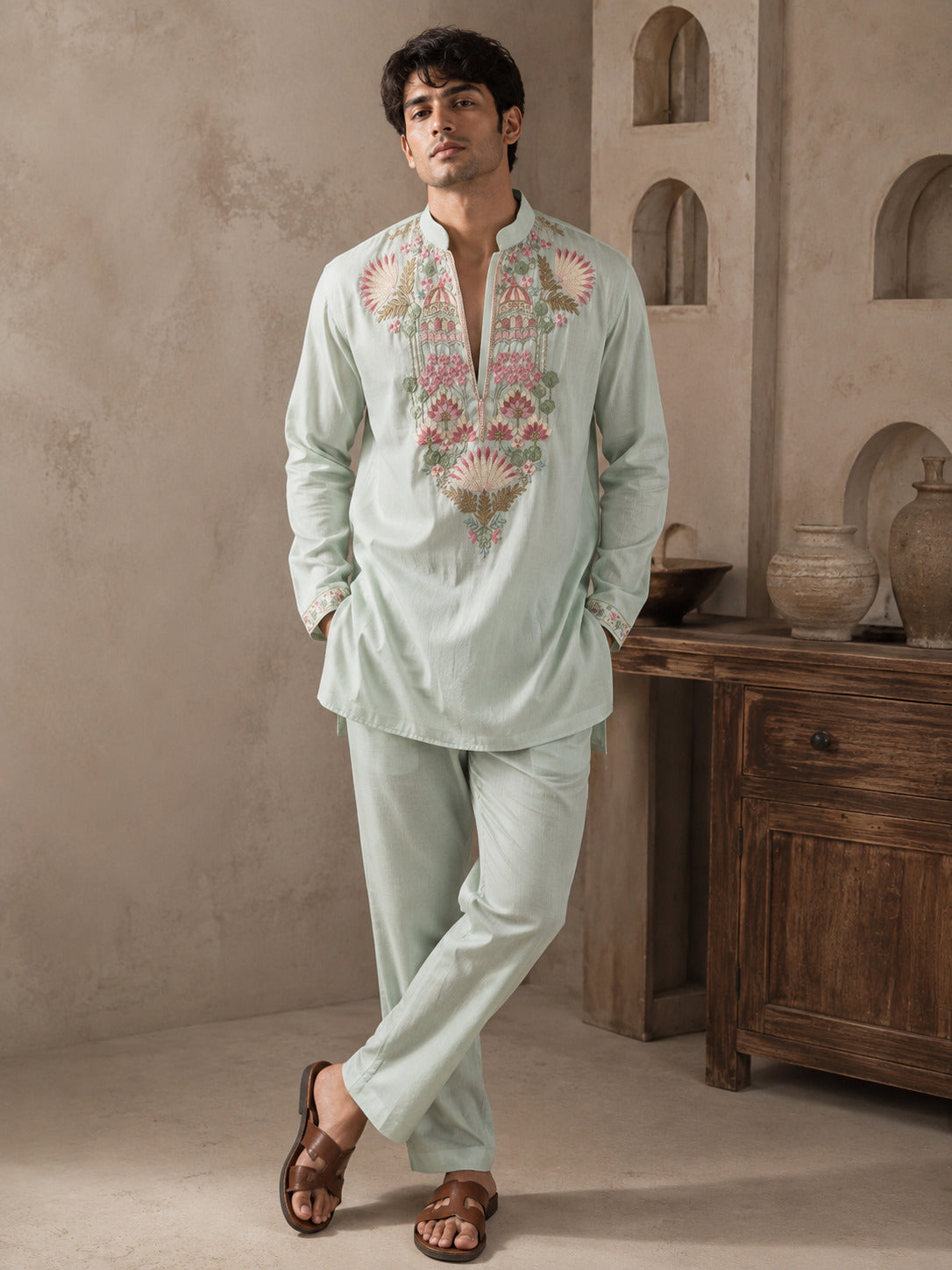 Pista Floral V-Neck Short Kurta