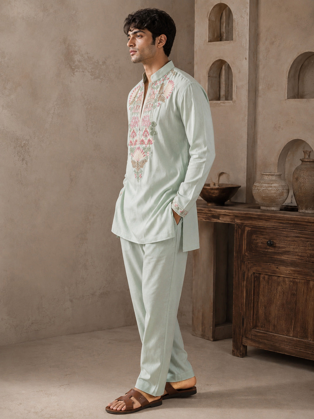 Pista Floral V-Neck Short Kurta