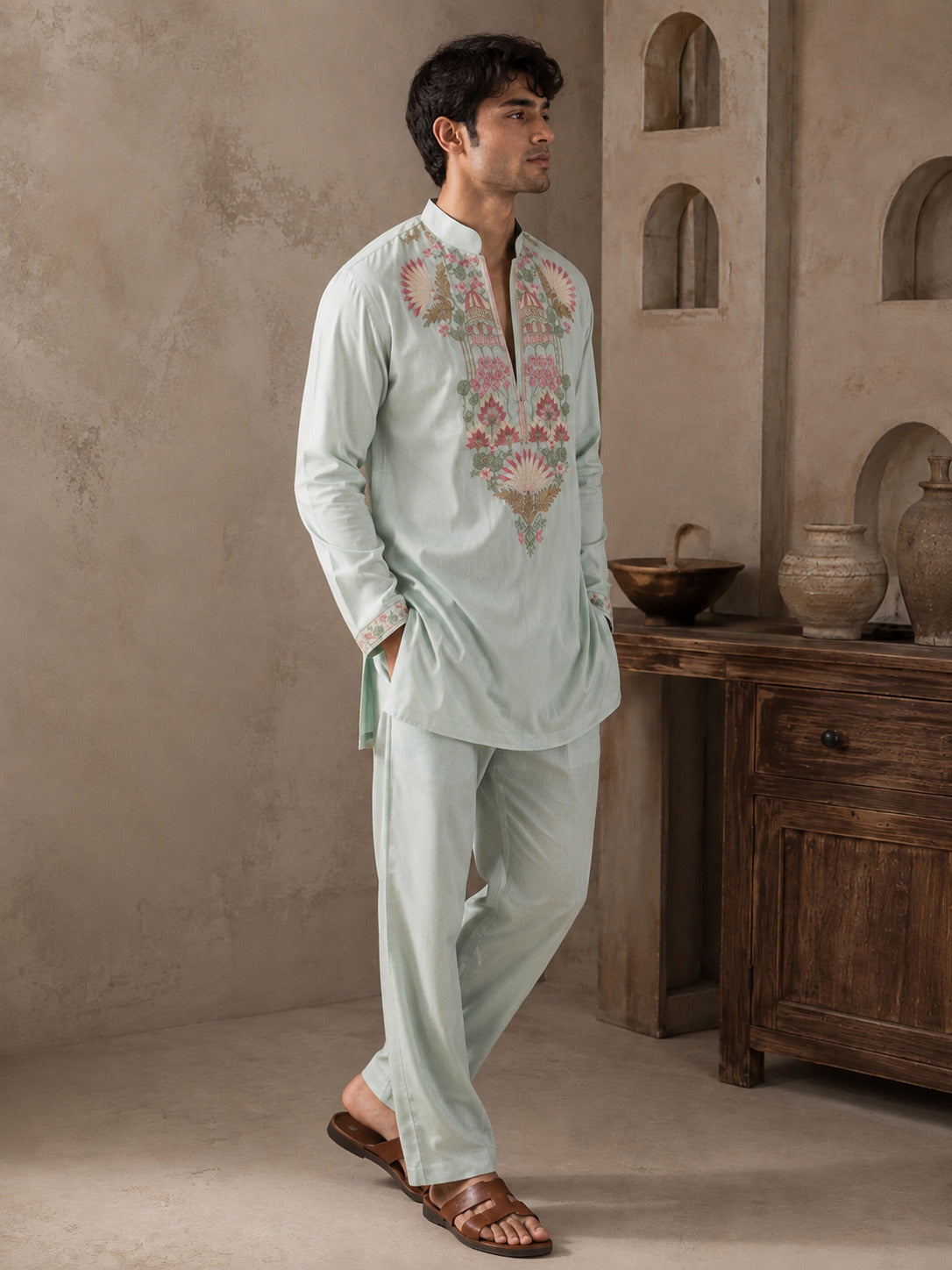 Pista Floral V-Neck Short Kurta