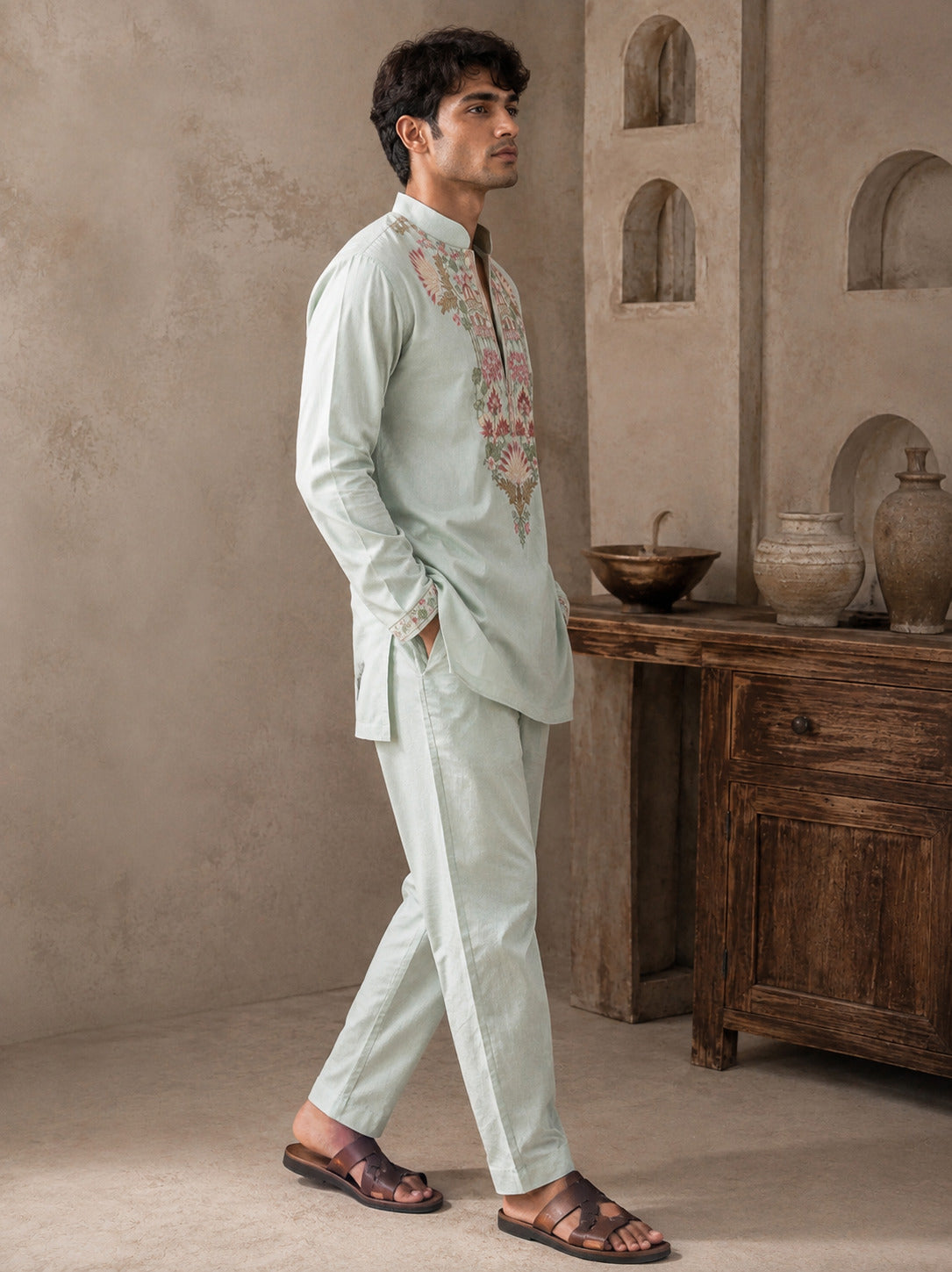 Pista Floral V-Neck Short Kurta