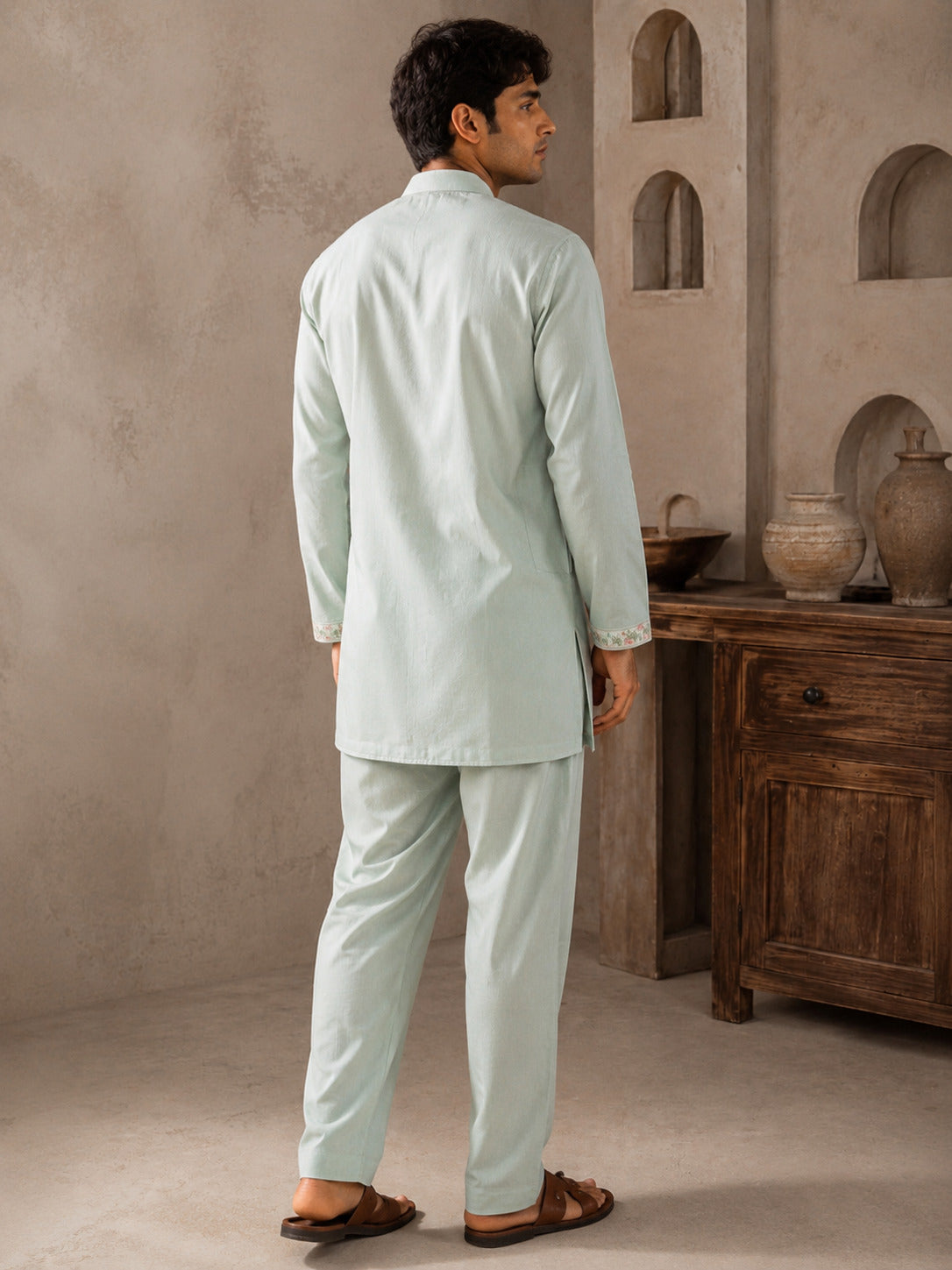 Pista Floral V-Neck Short Kurta