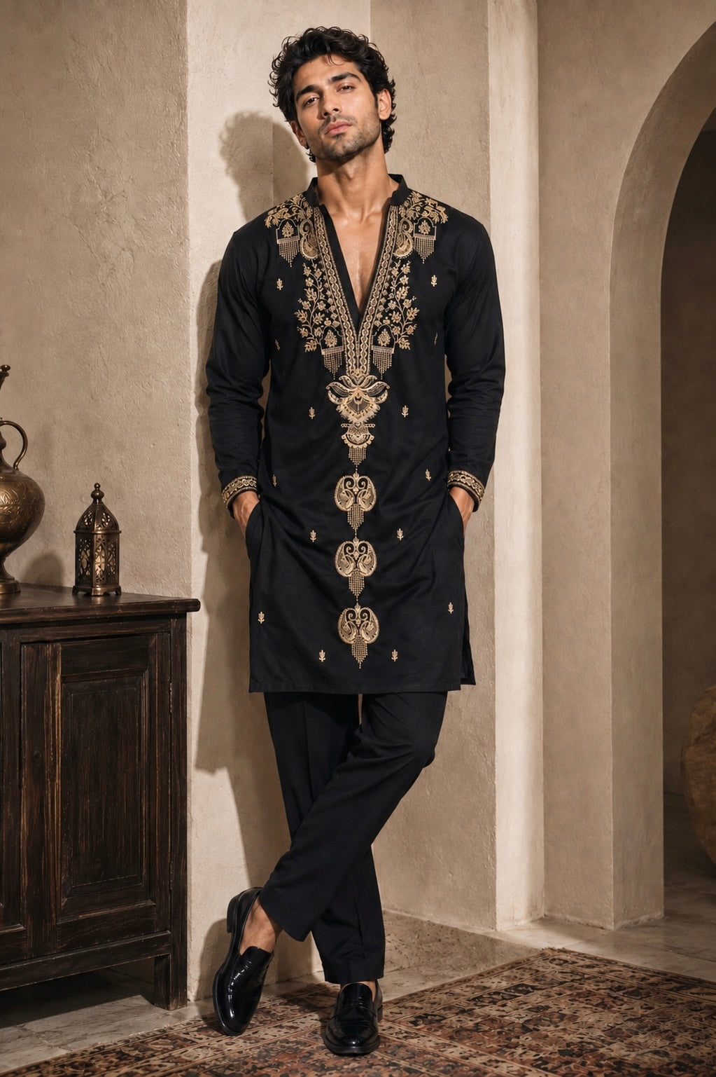 Black Ornamental Embroidered Kurta