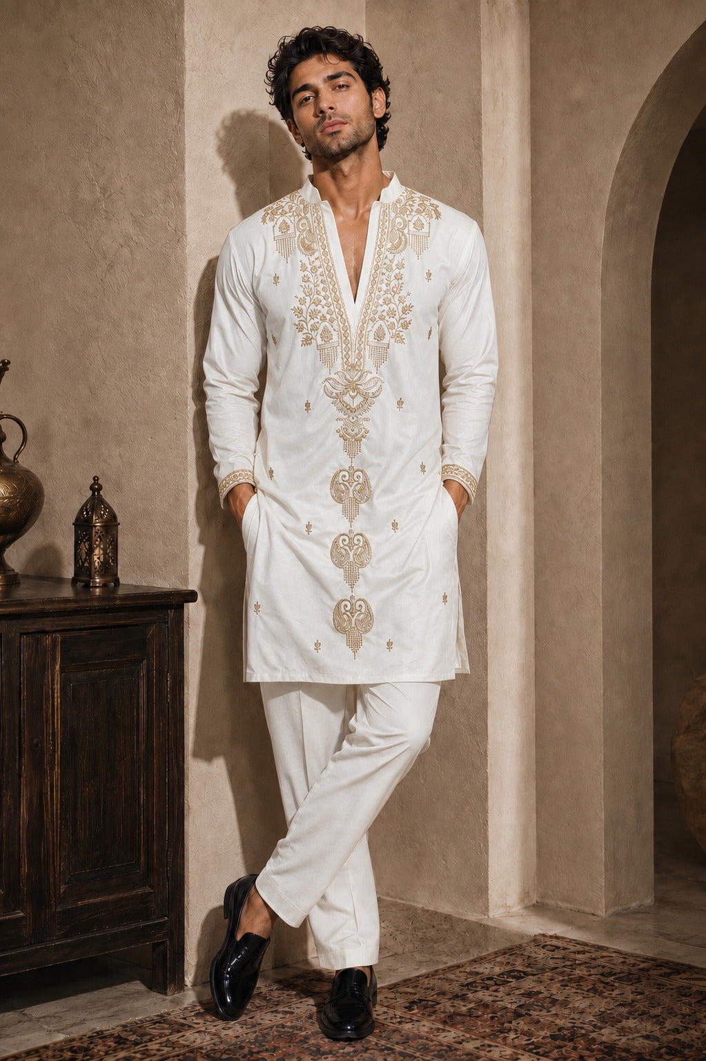 White Ornamental Embroidered Kurta
