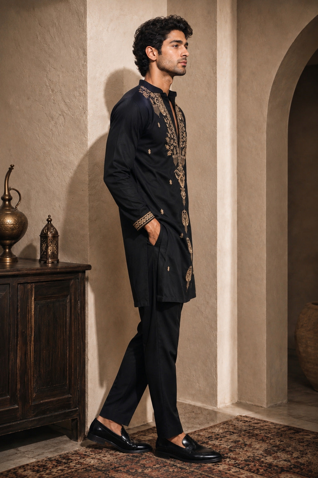 Black Ornamental Embroidered Kurta