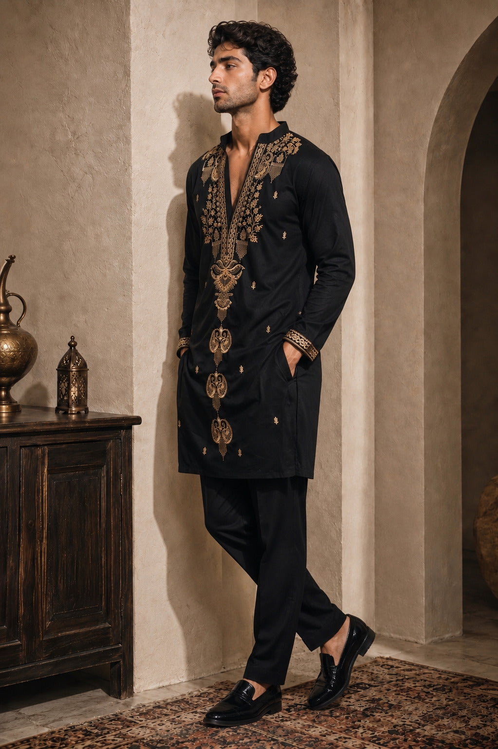 Black Ornamental Embroidered Kurta