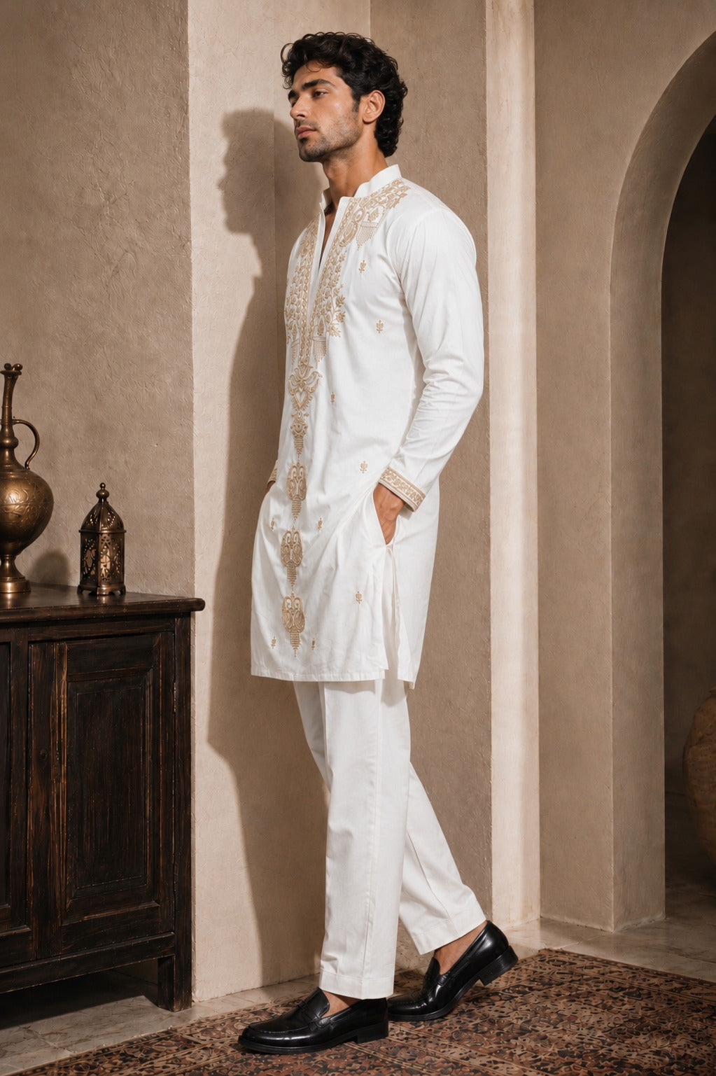 White Ornamental Embroidered Kurta