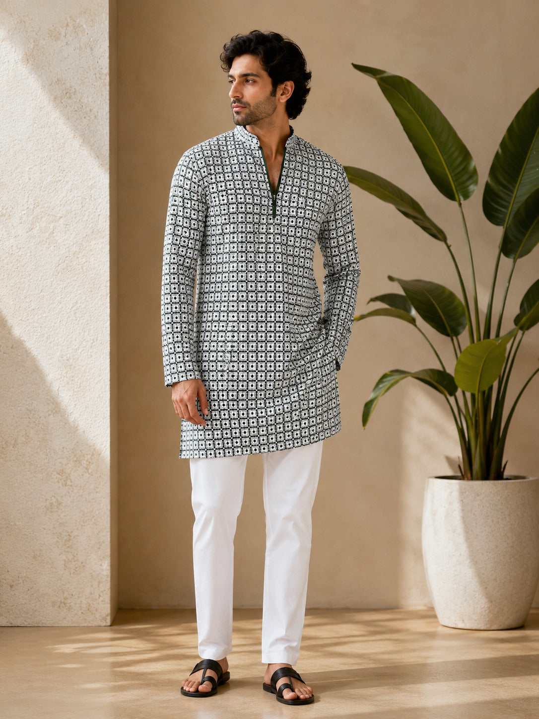 Mehendi Green Geometric Printed Short Kurta