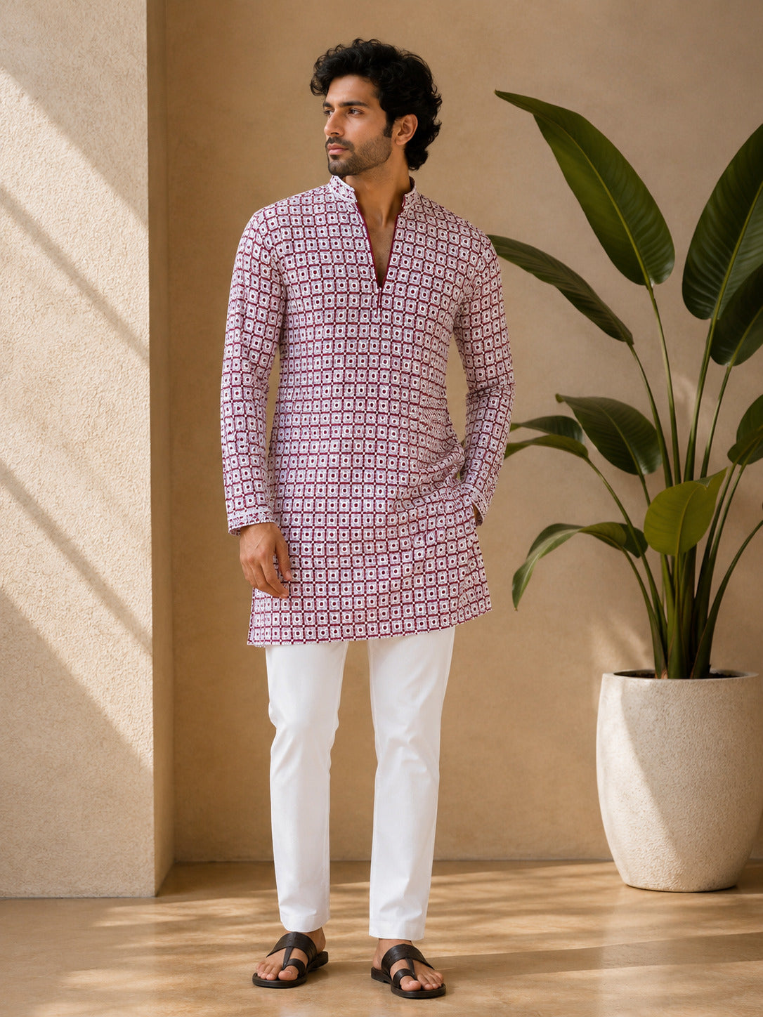 Maroon Geometric Printed Short Kurta