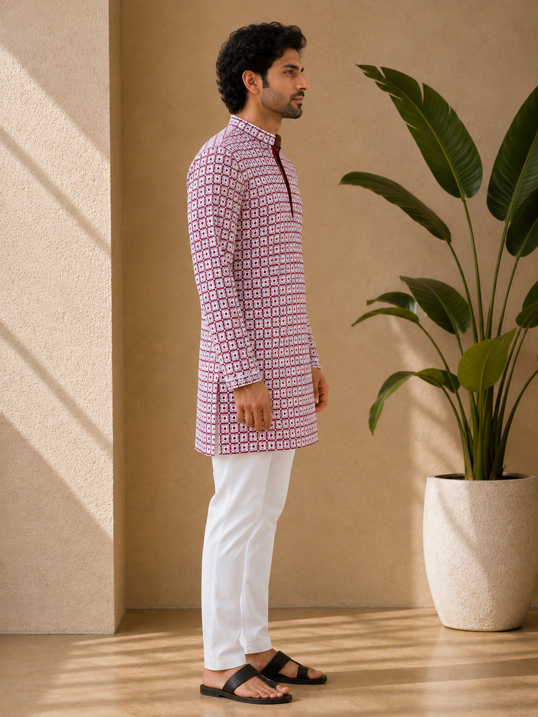 Maroon Geometric Printed Short Kurta