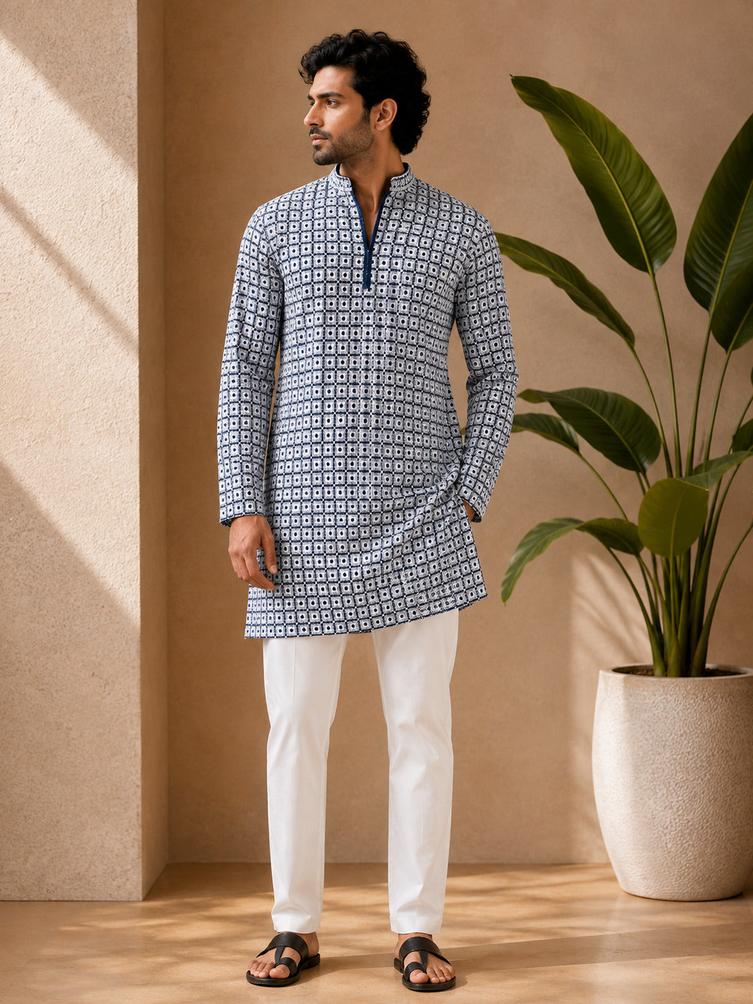 Peacock Blue Geometric Printed Short Kurta