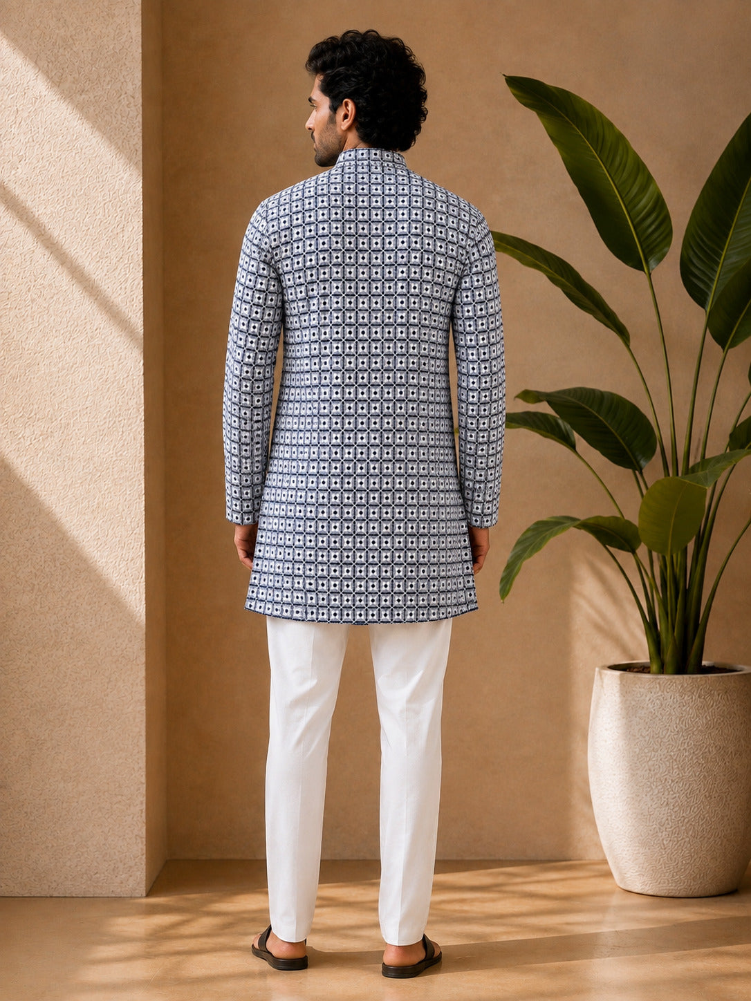 Peacock Blue Geometric Printed Short Kurta