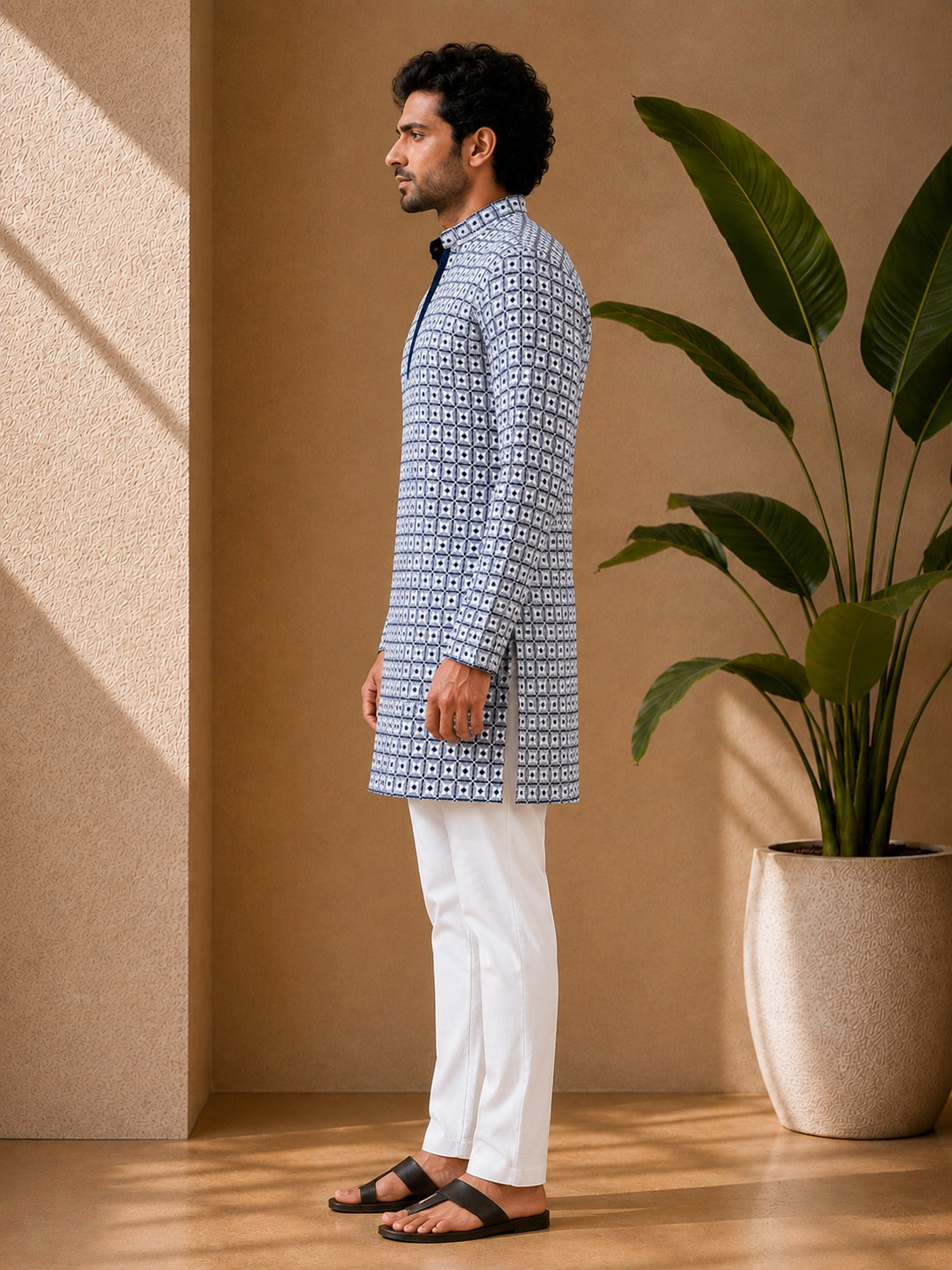 Peacock Blue Geometric Printed Short Kurta