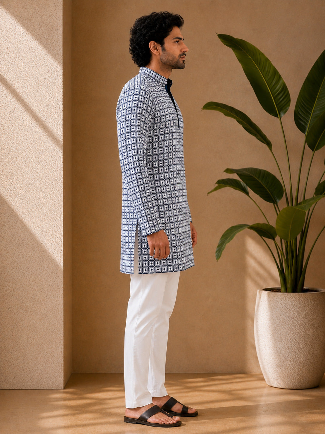 Peacock Blue Geometric Printed Short Kurta