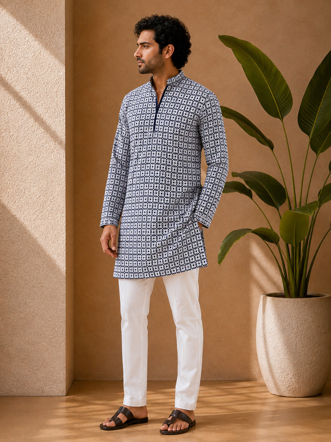 Navy Blue Geometric Printed Short Kurta
