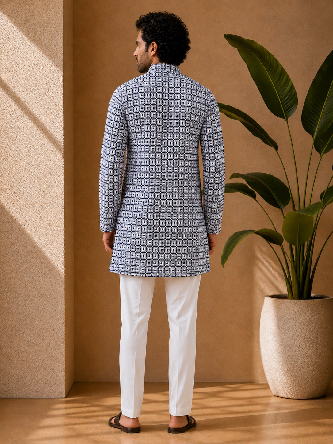 Navy Blue Geometric Printed Short Kurta
