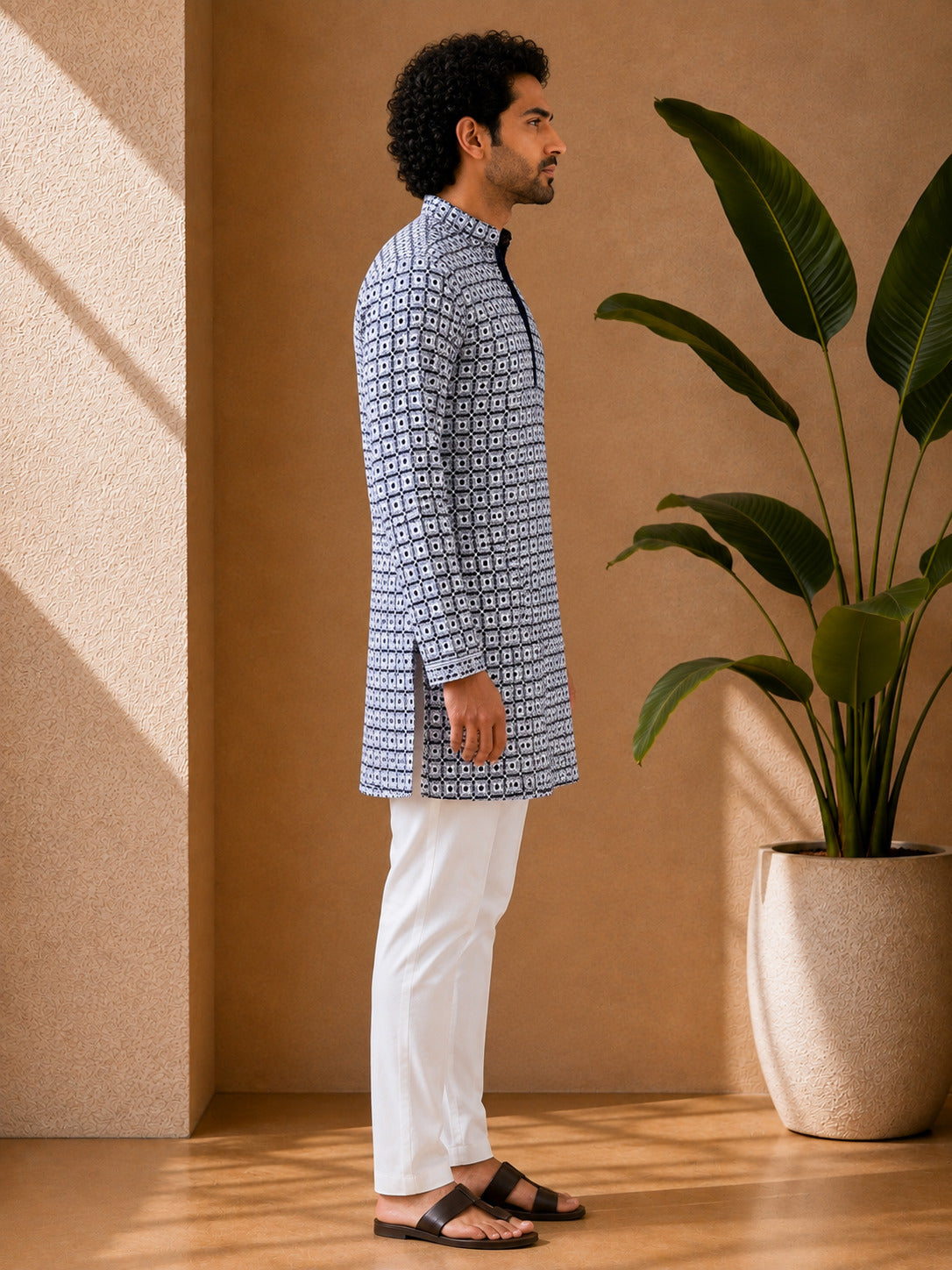 Navy Blue Geometric Printed Short Kurta